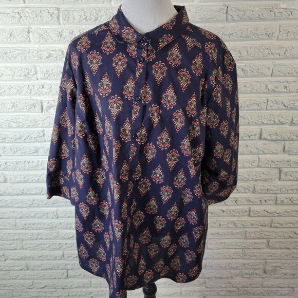 Roamans Womens Top 24W Plus 3/4 Sleeve Patterned Blue Cotton Blend GEO15XE - Picture 1 of 9